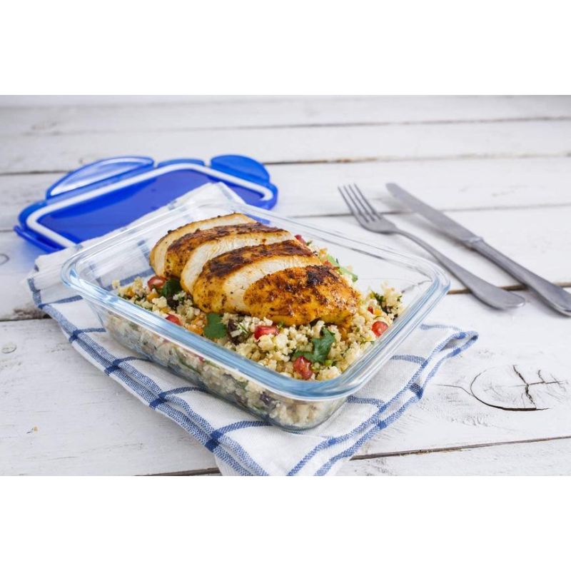 Pyrex Cook and Go Glass Containers with Blue BPA Free Latch Leak Proof Plastic Lids set of 2, 0.8L and 1.7L